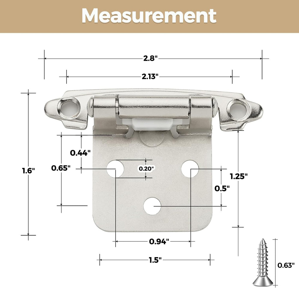 30 Pack 15 Pair Brushed Nickel Cabinet Hinges - 1/2 inch Overlay Kitchen Cabinet Hinges, Semi-Concealed Hinges, Self