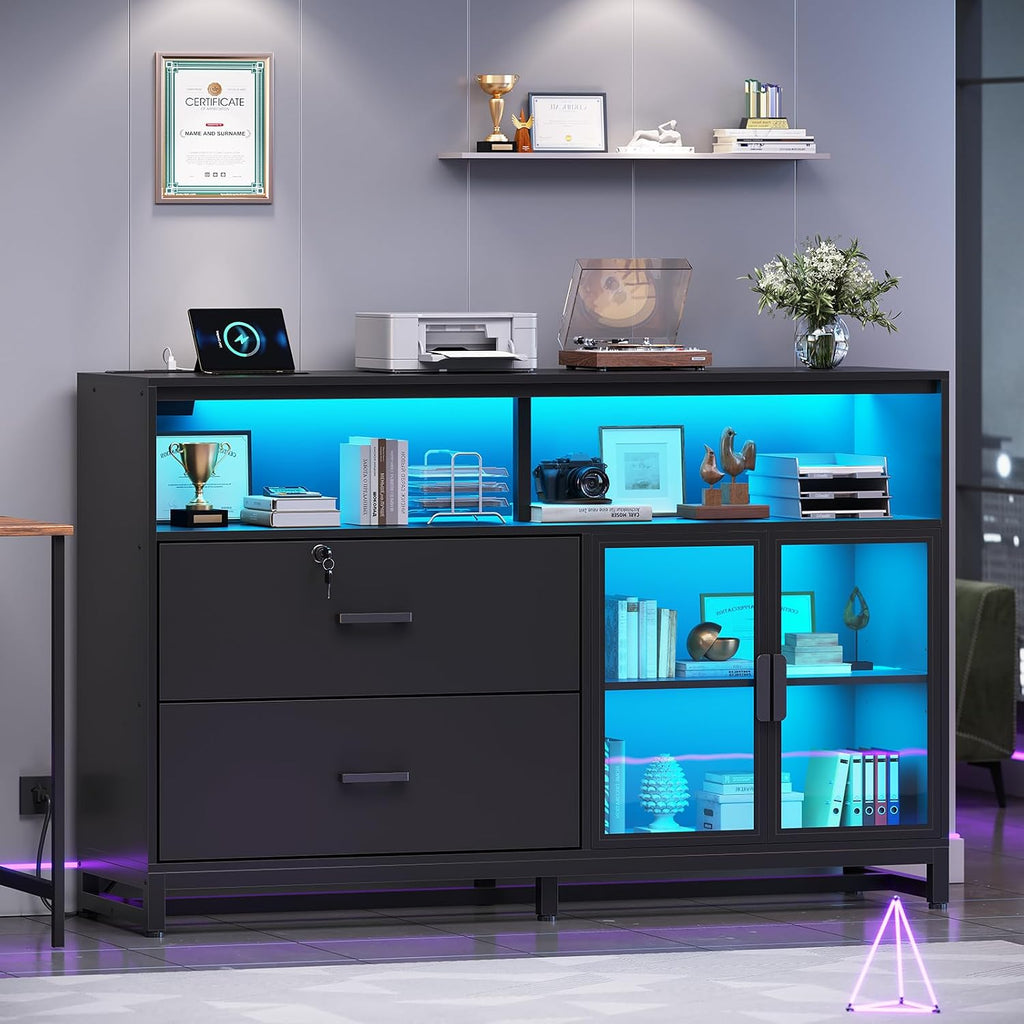 59" Filing Cabinet with Lock Drawers fits Legal Size | Black Lateral 2 Drawers File Cabinet with Acrylic Display