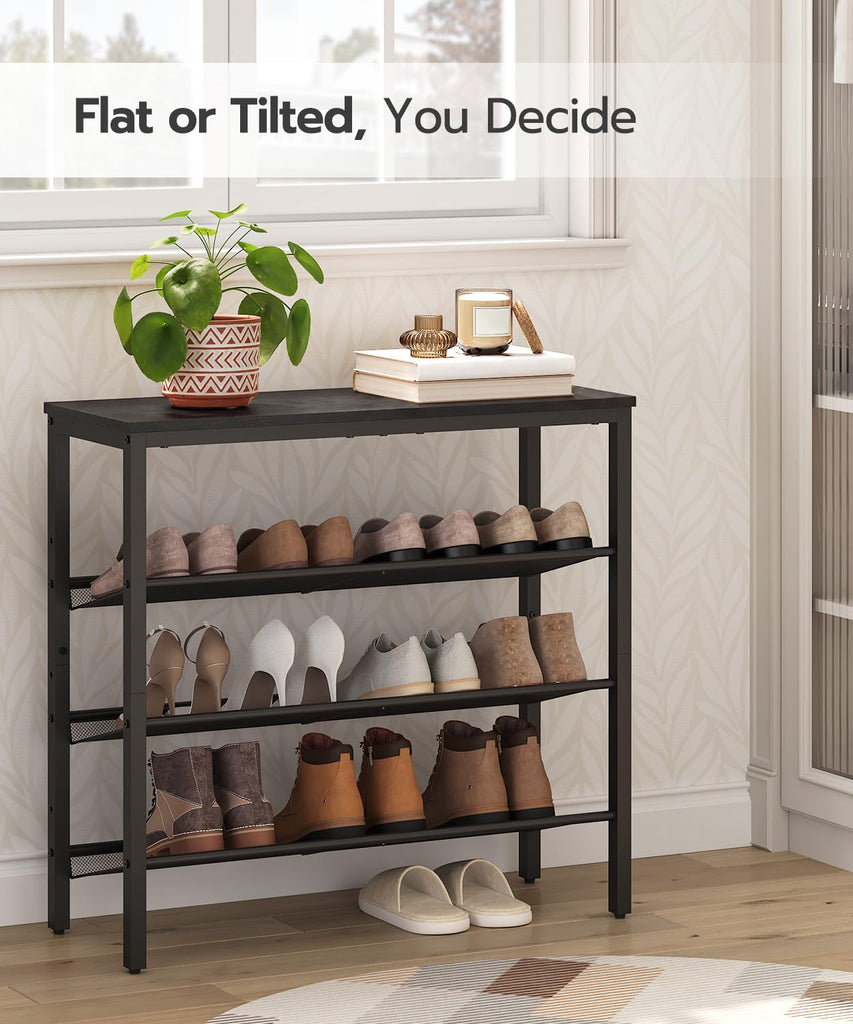 Shoe Rack, 4-Tier Shoe Organizer with Adjustable Mesh Shelves, 12-16 Pairs of Shoes, Spacious Floor Mount, Metal
