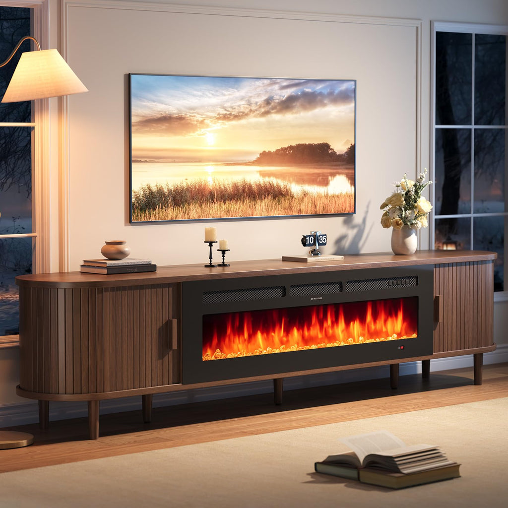 90" Mid Century Modern TV Stand with Fireplace, Fluted Fireplace TV Stand, Entertainment Center with Sliding Door, TV