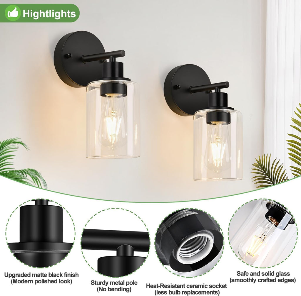 Set of 2 Wall Sconces ,Black Modern Vanity Lights with Clear Glass Shade,Bathroom Wall Lamp for Mirror Kitchen Living