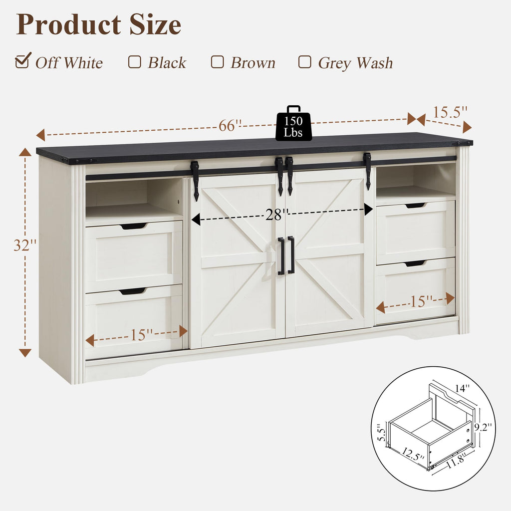Farmhouse TV Stand for 75 80 Inch TV, 32" Tall Entertainment Center w/4 Drawers & Sliding Barn Door, Rustic Media
