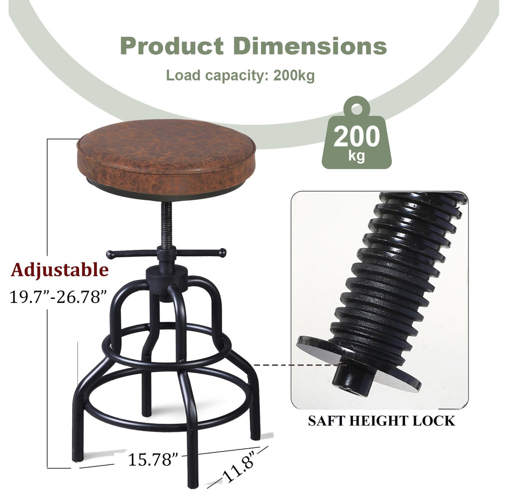 Industrial Bar Stools-Swivel Leather Metal Bar Stool-20-27 Inch Tall Counter Height-Adjustable Kitchen Stool Dining