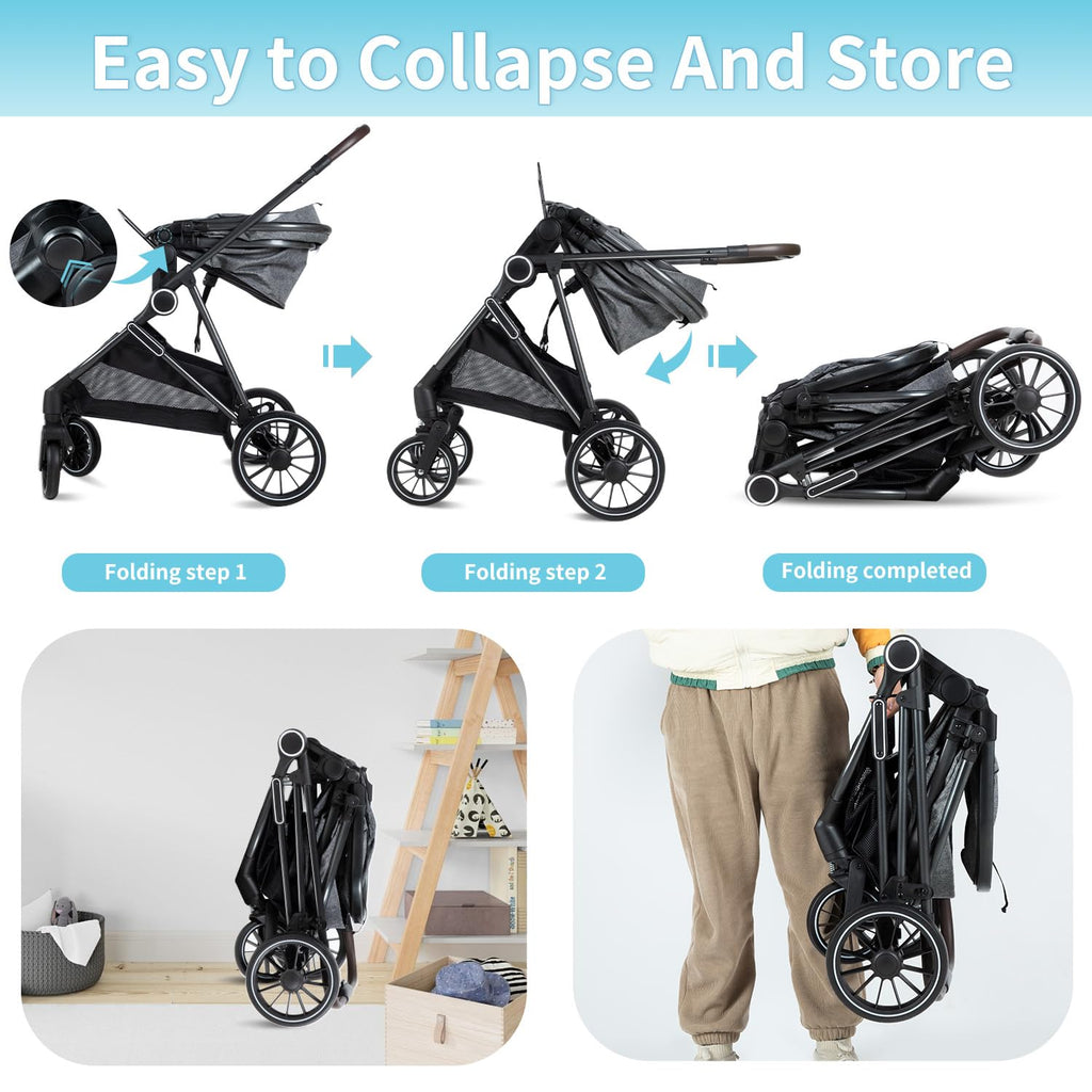 2 in 1 Baby Stroller,Folding High Landscape Infant Stroller,Reversible Pram, Convertible Pushchair for Infants