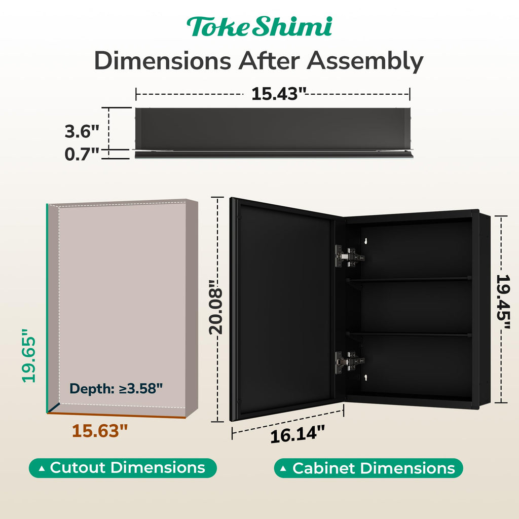16 x 20 Black Mirrored Medicine Cabinet, Tempered Beveled Mirror, Medicine Cabinet, Assembly Required, Stepless