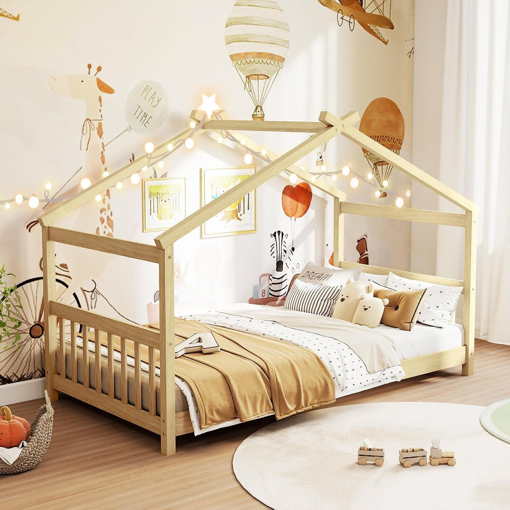 Twin Floor House Bed with Headboard & Footboard, Wood Floor Bed Frame with Roof for Boys & Girls, No Box Spring