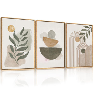Boho Abstract Framed Canvas Wall Art, Large Modern Geometric Line Wall Decor, Mid Century Botanical Sun Artwork Set of