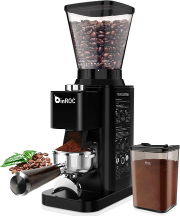 Electric Conical Burr Coffee Grinder with Portafilter Holder, Black | 48 Grind Settings, 35s Timer, Anti-Static, Easy