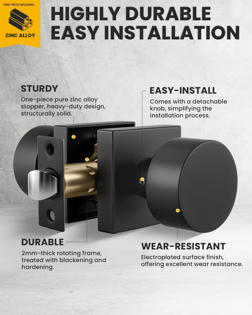 Matte Black Passage Door Knobs Interior, Zinc Alloy Matte Black Door Knob , Non-Locking Function