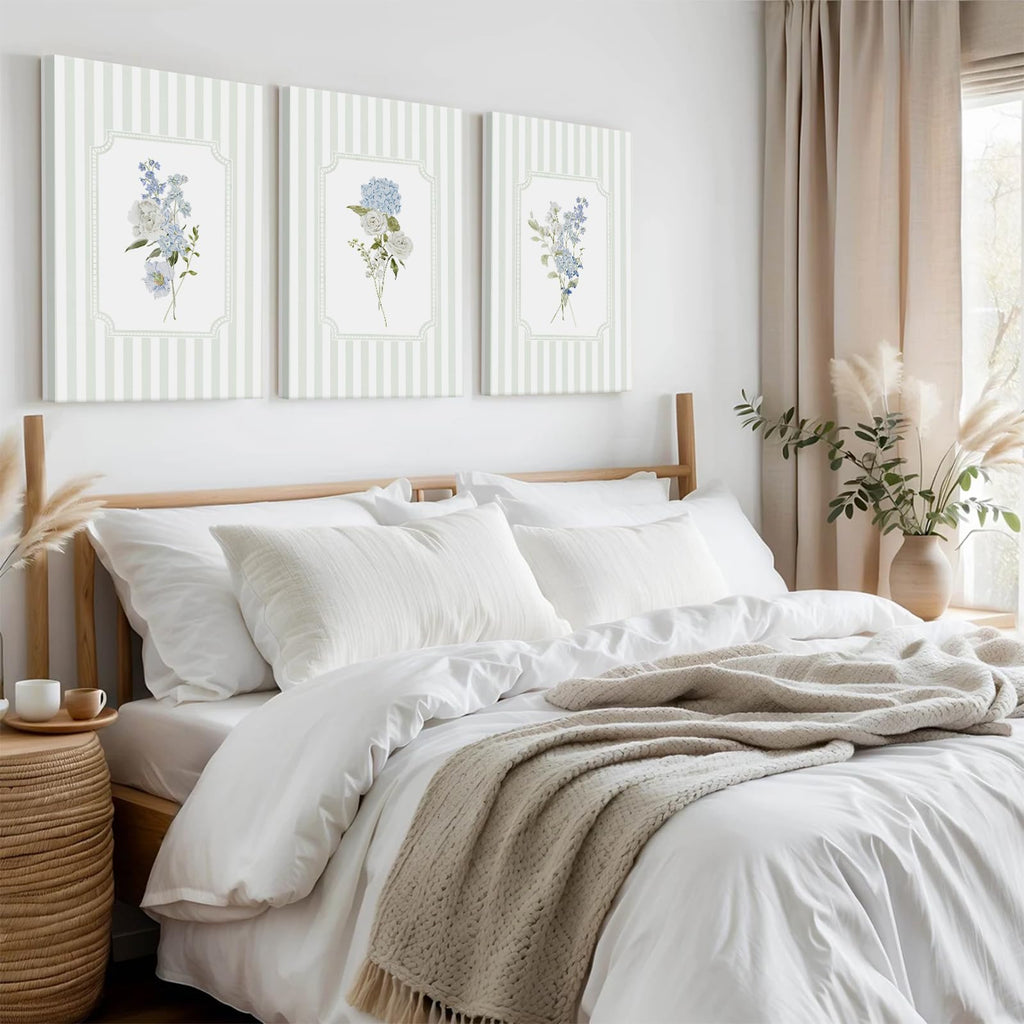 Blue Hydrangea Wall Art Floral Canvas Prints Sage Green Striped Wall Decor Botanical Pictures Chinoiserie Flower