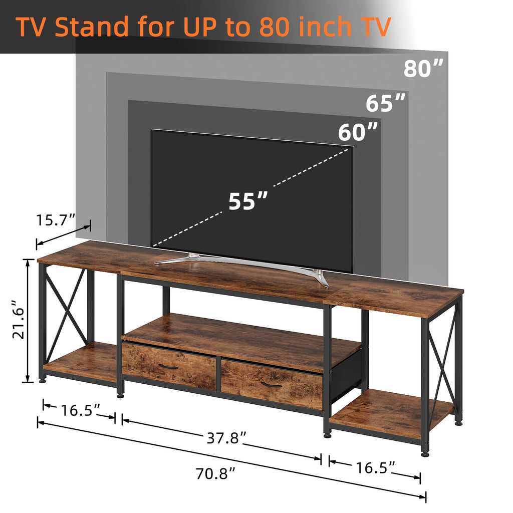 TV Stand with Fabric Drawers - Entertainment Center and Industrial Console Table with Open Storage Shelves - 71.5"