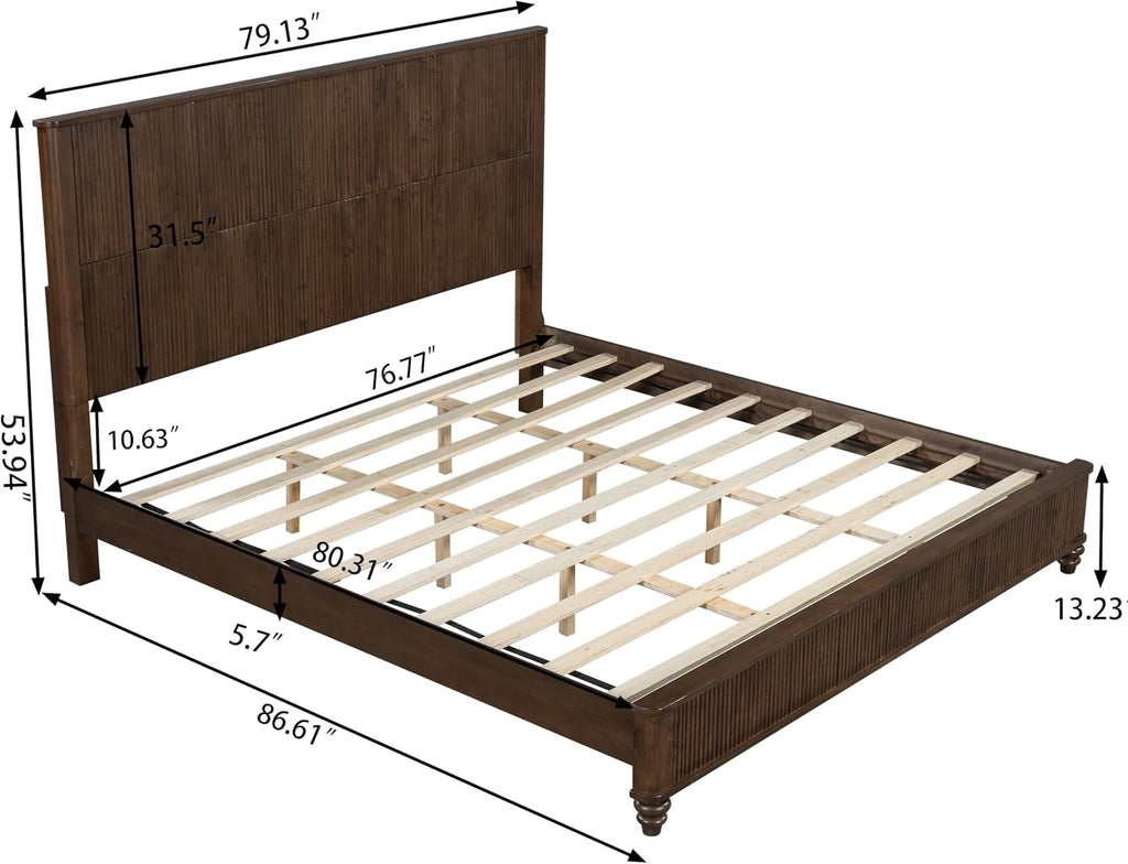 53.94" Tall Headboard Bed Frame Solid Wood Bed Frame Low Profile Farmhouse Wood Bed with Wooden Slats No Box Spring