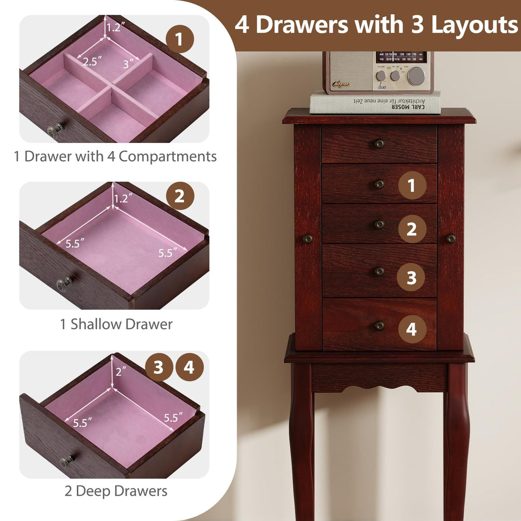 Standing Jewelry Armoire Cabinet with 4 Drawers, Flip Top Mirror, Top Storage Compartments, 2 Side Doors with 8
