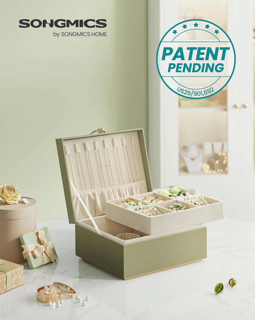 2-Layer Jewelry Box with Handle, Removable Tray, Floating Effect