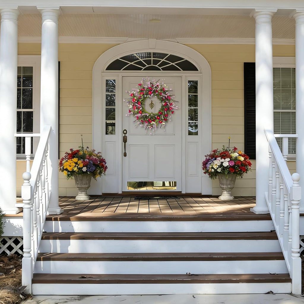 24 Inch Artificial Spring Summer Wreath for Front Door, Colorful Floral Wreath with Red Daisies Lavender