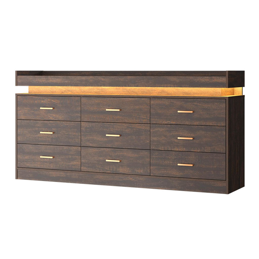 Farmhouse 9 Drawer Dresser with LED Light and Charging Station, Brown