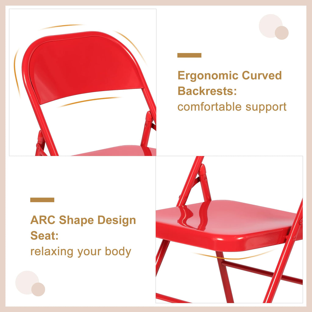 8 Packs Metal Folding Chairs, Stackable Steel Seat with Triple Braced & Double Hinged Back, Red, 8 Pack