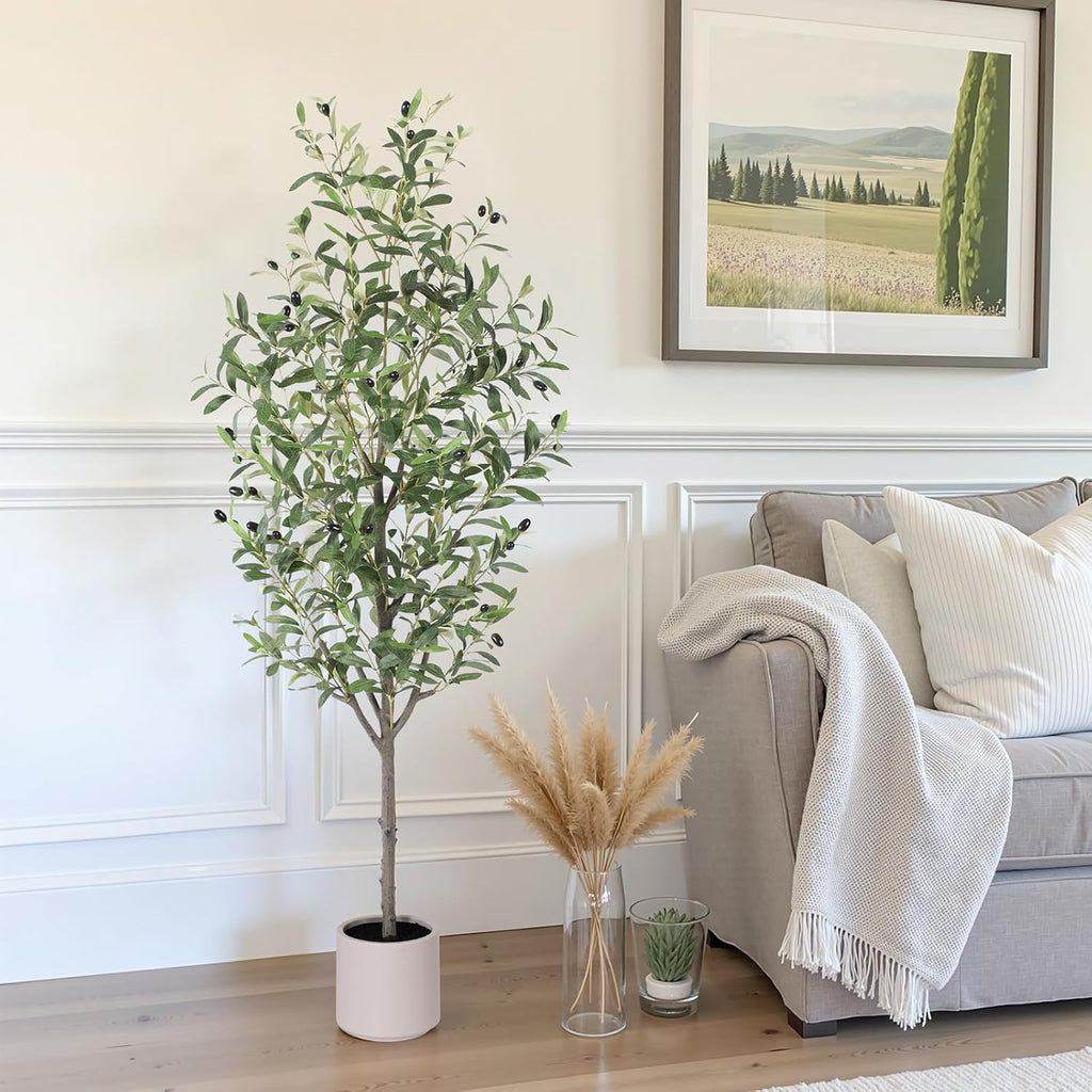 Olive Tree Artificial Indoor, 5ft Tall Silk Faux Olive Tree with White Planter, Artificial Plants with Natural Wood