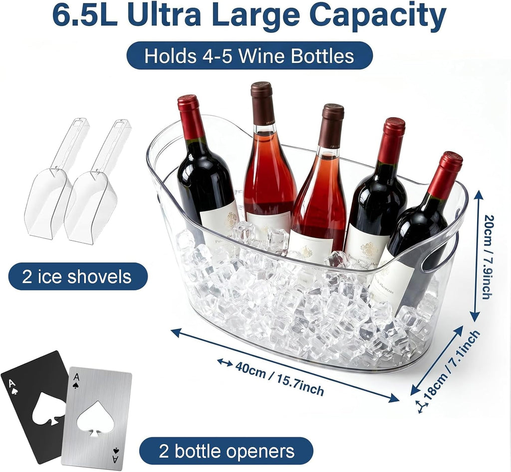 Extra Large 6.5L Clear Plastic Ice Bucket, 2 Pack Beverage Tubs with Scoops, for Champagne, Beer, Wine, Cocktails - Set of 2