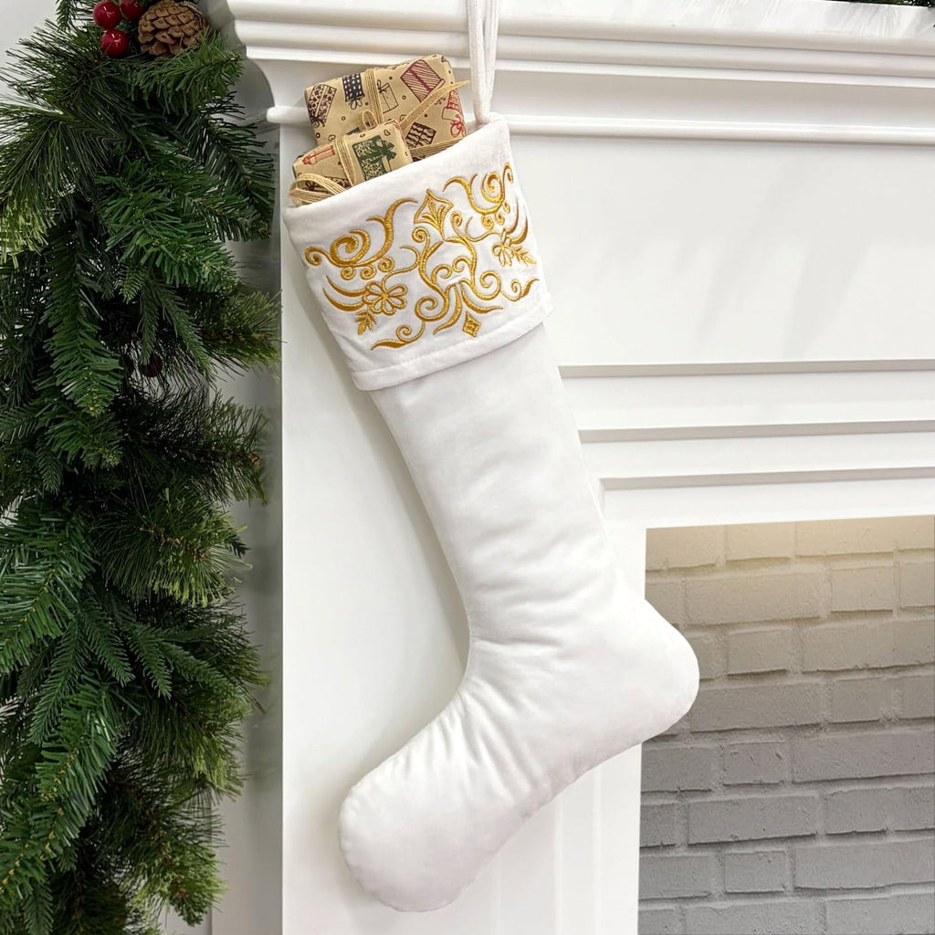 Set of 3 Velvet Christmas Stockings with Gold Damask Embroidery and Microfiber Lining, Oversized 24-Inch Cuff-to-Toe
