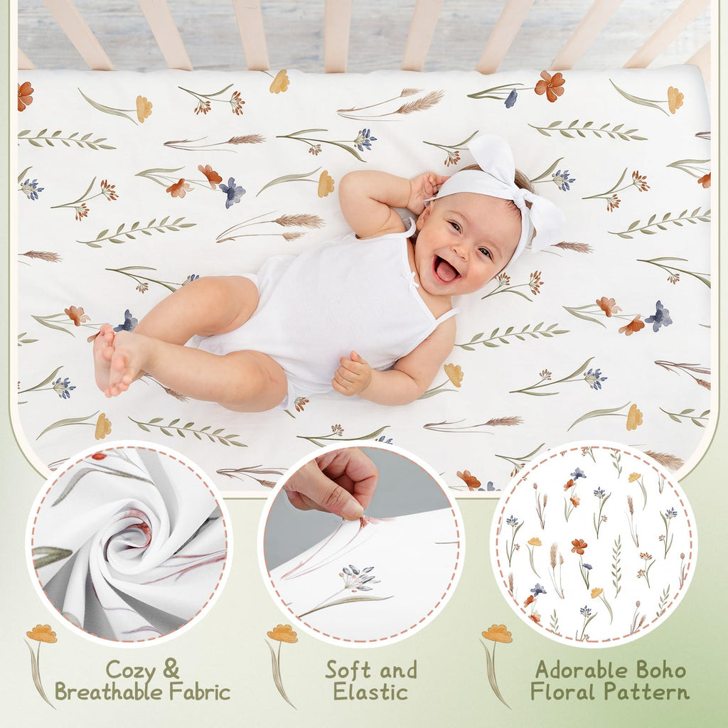 4 Pack Boho Floral Crib Fitted Sheet for Boy Girl, Multicolor
