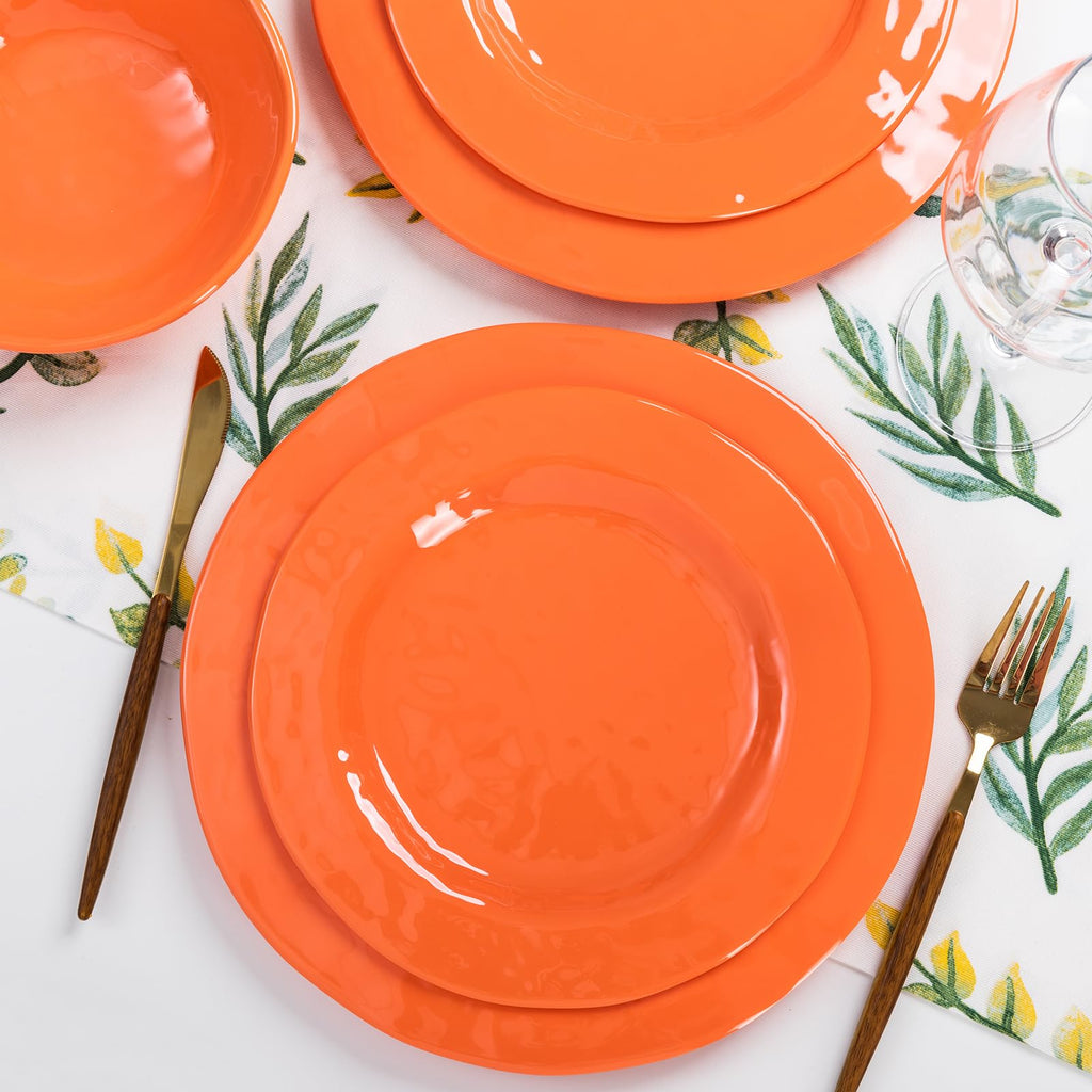 Orange Melamine Dinnerware Set, 12 Piece Kitchen Tableware Plates Bowls Dishes Set, Lightweight Unbreakable