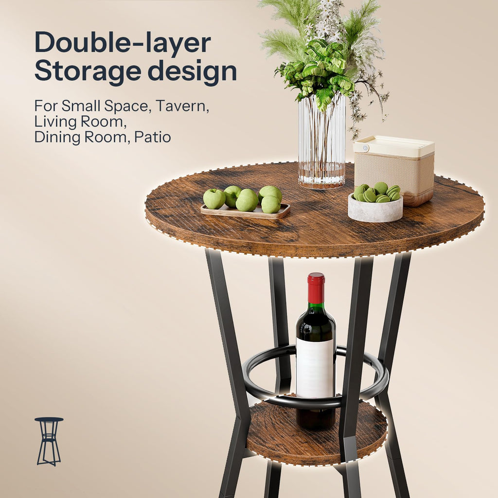 Round Bar Table, 2-Tier Counter Height Pub Table with Wine Glass Holder, Industrial Cocktail Table, for Small Space
