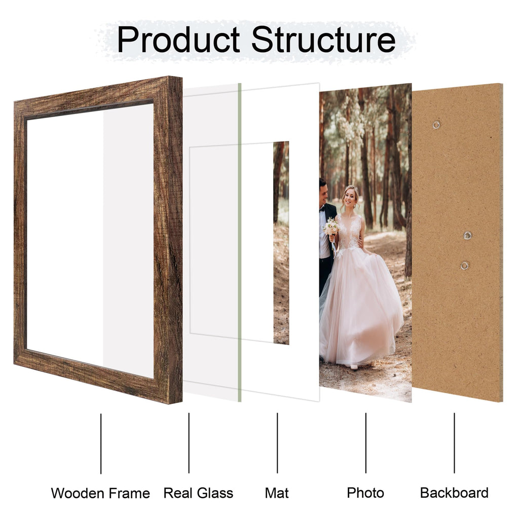 11x14 Picture Frame Set of 4 with Tempered Glass, Rustic Frame Display 8x10 Pictures with Mat or 11 x 14 Without Mat