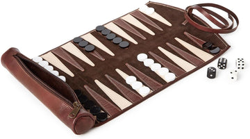 Roll-Up Portable Genuine Leather Backgammon Game Set, 12-Inch, Chestnut