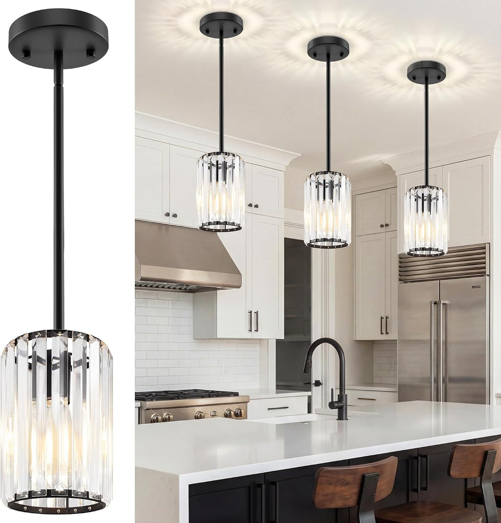 Black Pendant Light, Modern Crystal Pendant Lights Kitchen Island, Kitchen Island Lighting with Adjustable Height, UL