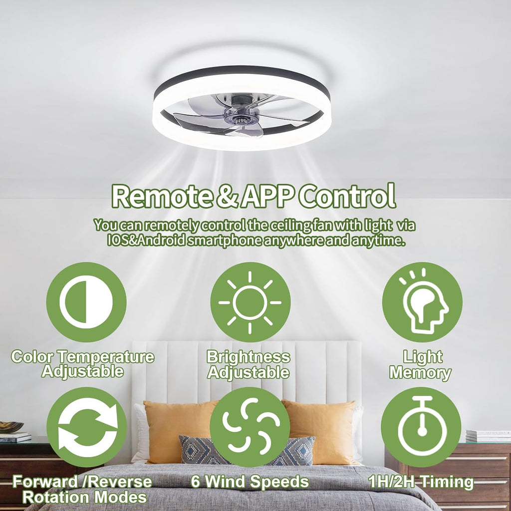 20" Modern Low Profile Ceiling Fan with Light and Remote, 6 Speed Flush Mount Ceiling Fan with Light, bladeless