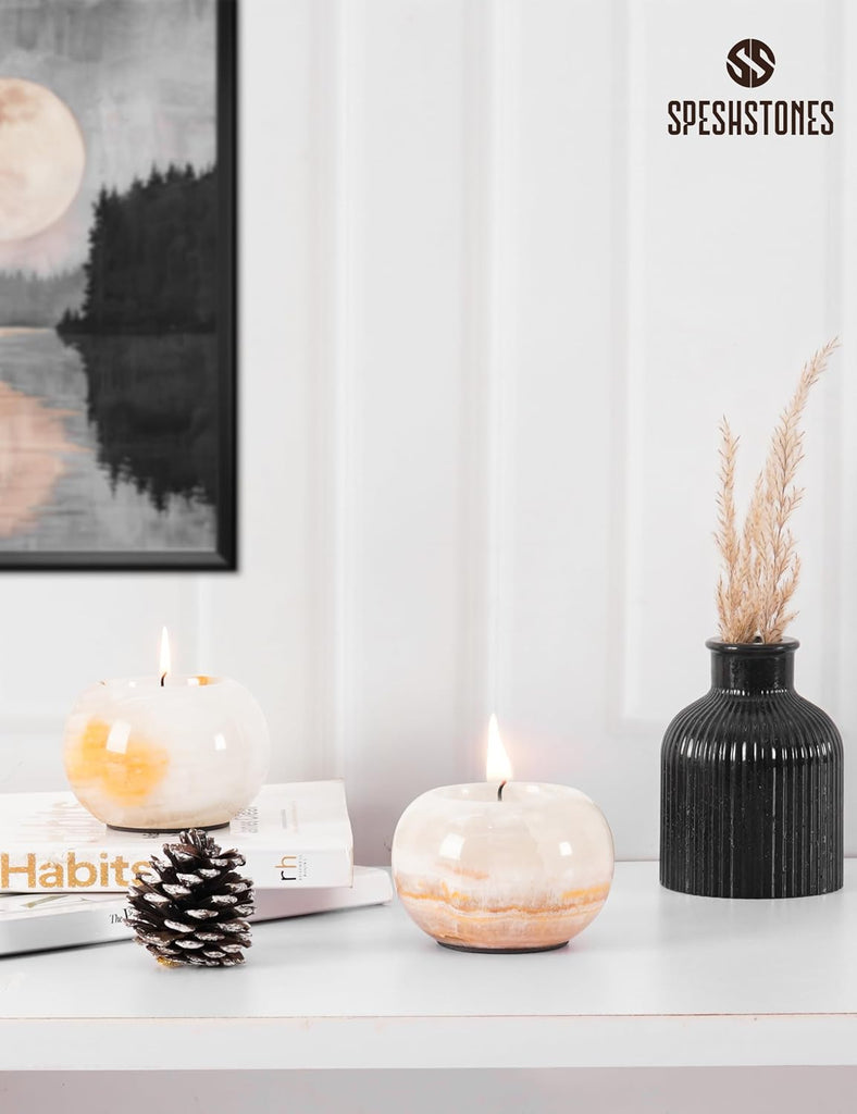 Marble Tea Light & Votive Candle Holders 4 Inch, Cream Onyx | Set of 2, handmade. Fits standard tealights. Dining
