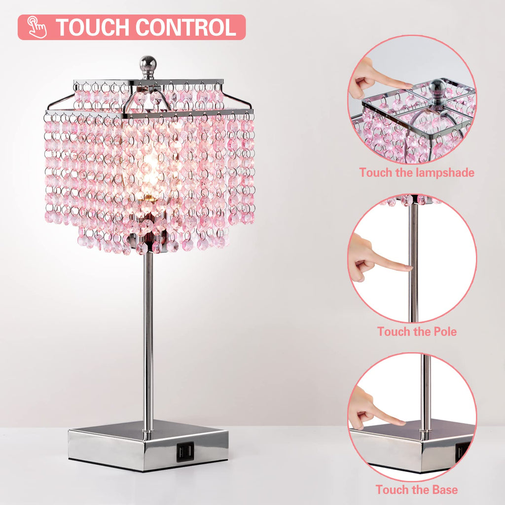 Crystal Touch Table Lamp, Bedside Lamp with USB C+A Ports, Pink Lamp