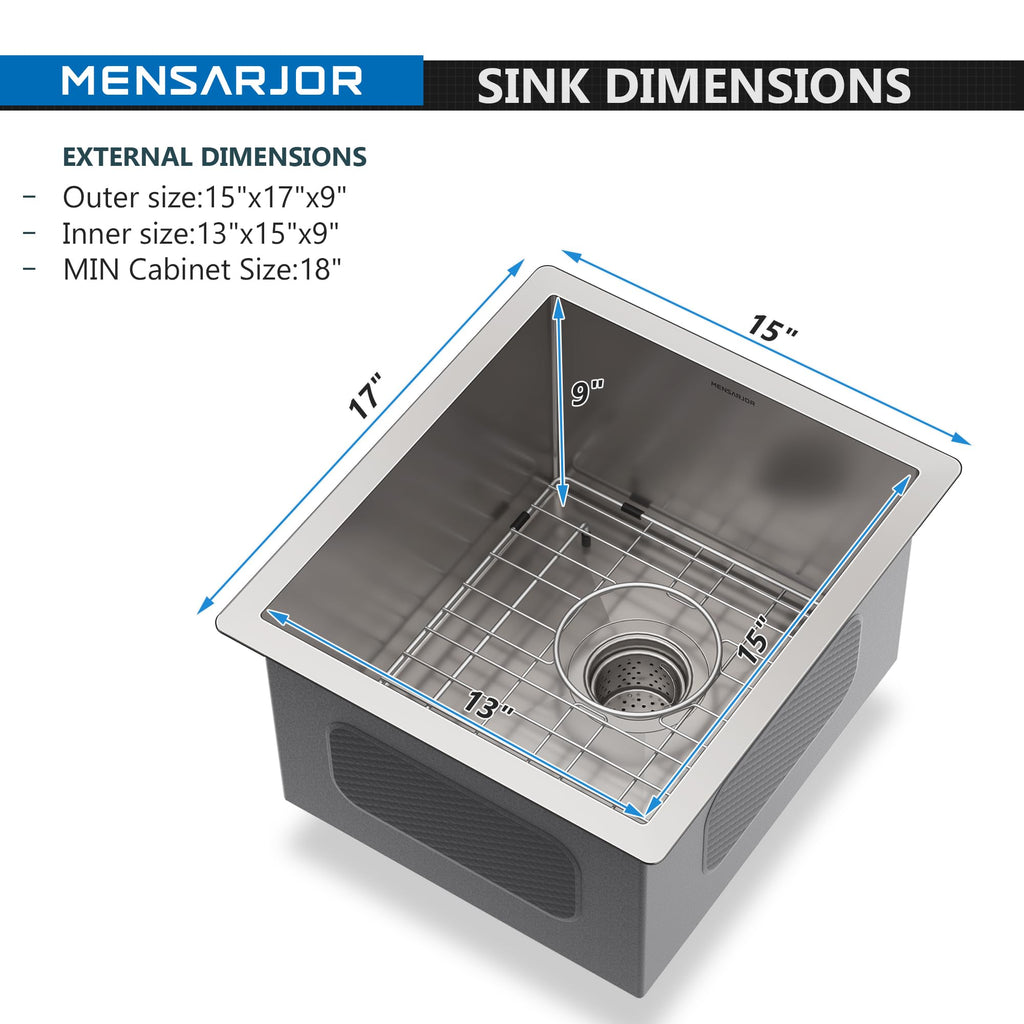 Undermount, 304 Stainless Steel Round Corner Single Bowl Deep Kitchen Sinks, 10-inch Deep Large Bar Sink, 15"X17"Inch
