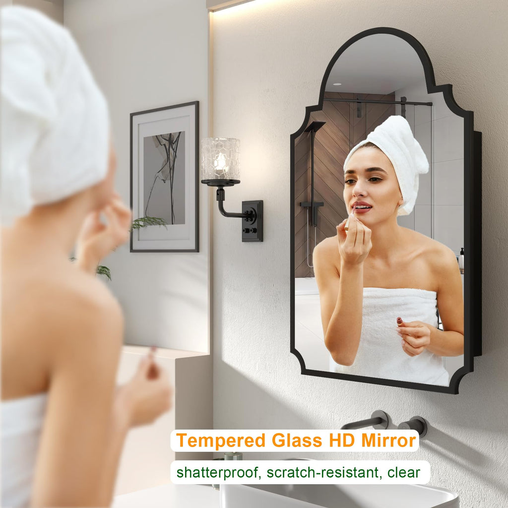 Black Decorative Medicine Cabinet Mirror, 20"x32" Recessed or Surface Mount Metal Irregular Medicine Cabinet