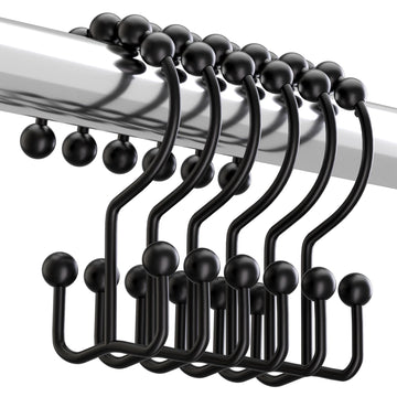 Black Shower Curtain Hooks Rings, Rust-Resistant Metal Double Glide Shower Hooks Shower Rods Curtains, Set of 12