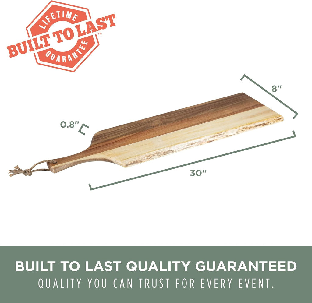 Artisan 30" Acacia Charcuterie Board with Raw Wood Edge, Wooden Cutting Board with Handle, All-Purpose Serving