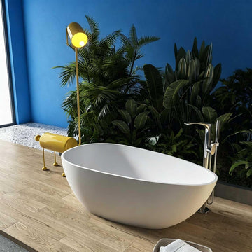 59 Inch Freestanding Tub, Egg Shape Soaking Bathtub, Solid Surface Stone Resin Free Standing Tubs