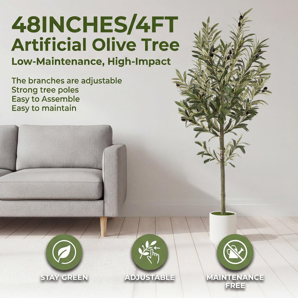 4ft Spherical Fake Olive Tree Artificial Indoor, Faux Olive Tree with Pot, Large Olive Branches and Lifelike Fruits
