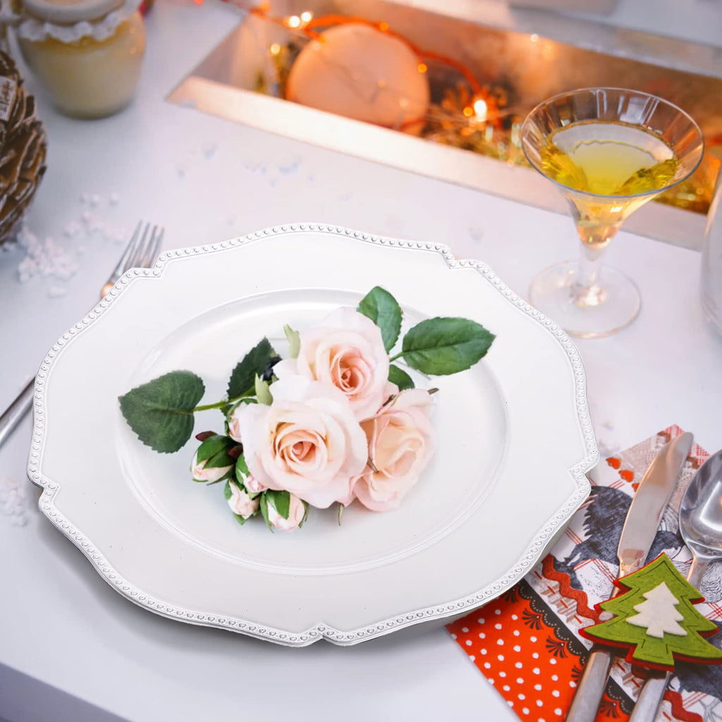 12 Pack White Charger Plates with Beaded Rim, 13 Inch Round Plastic Dinner Chargers, Scalloped Serving Plates for
