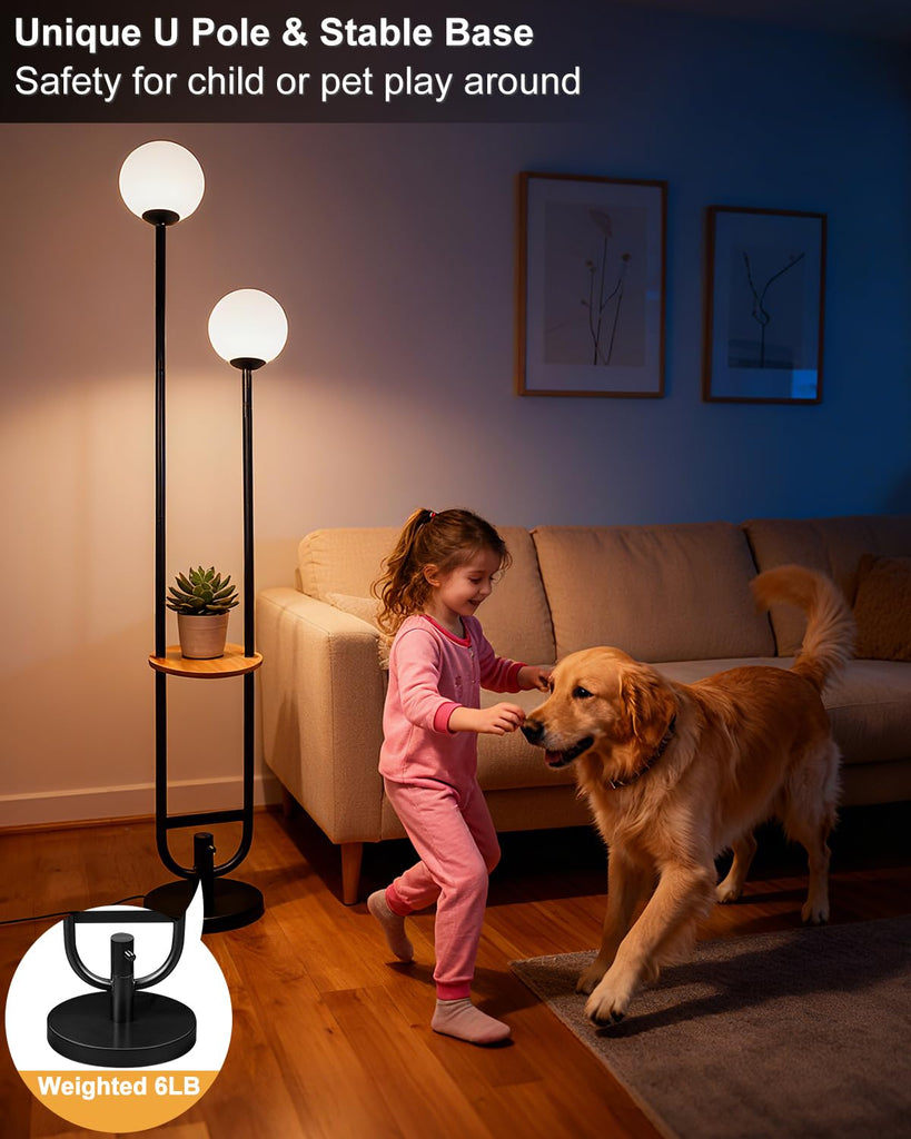 63IN 2-Globe Floor Lamp Dimmable Tall Standing Lamps with Table 3000K Warm White Unique Vintage Modern Mid Century