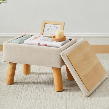 Storage Ottoman, Small Foot Stool Ottoman with Storage, Linen Foot Rest with Wood Legs, Footstool, Beige