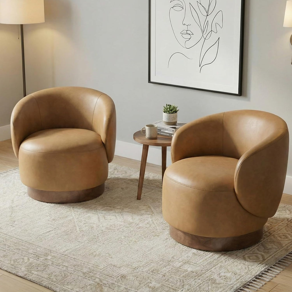 Swivel Barrel Accent Chair, Faux Leather, Brown, 2-Pack - Set of 2