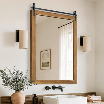 Farmhouse Bathroom Vanity Mirror, 40"x26" Rustic Barn Door Mirror, Brown