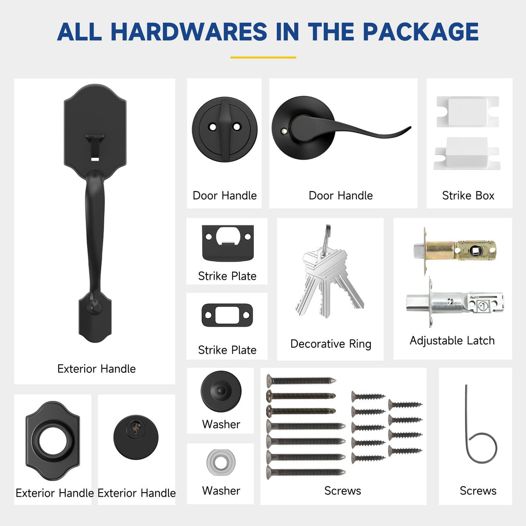 Front Door Lock Set, Front Door Handle and Deadbolt Set, Exterior Door Handle with Single Cylinder Deadbolt Lock