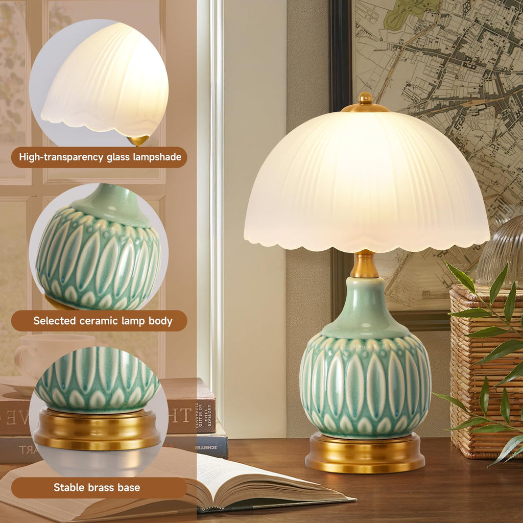 Table Lamps Ceramic Retro Lamp, 15." Modern Bedside Nightstand Traditional Lamps, Classic Chinoiserie Green Glass