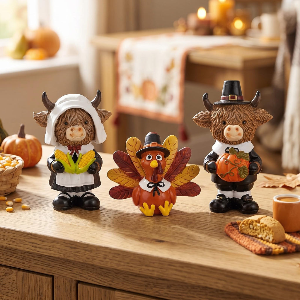 3 Pcs Thanksgiving Highland Cow Figurines, Resin Table Decor