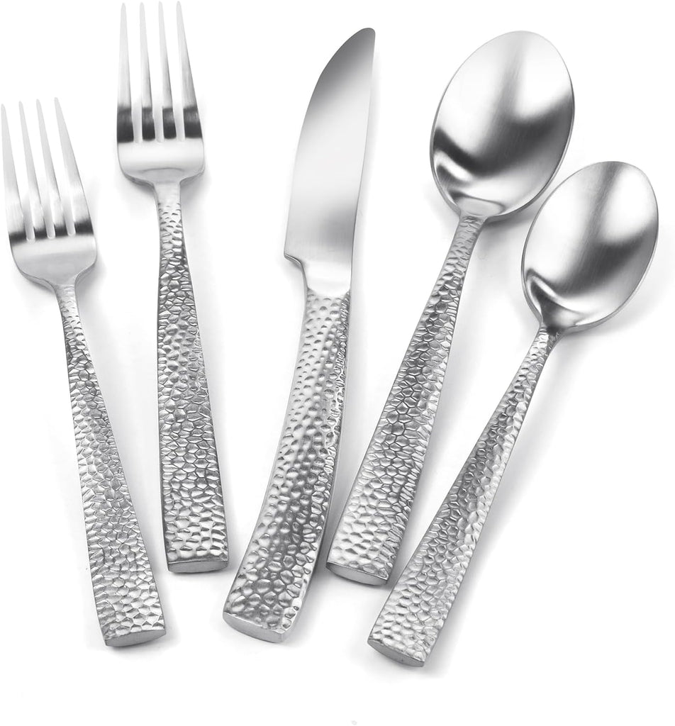 Matte Silver Hammered Flatware Set Stainless Steel Silverware Set 20 Pieces Cutlery Set Service for 4