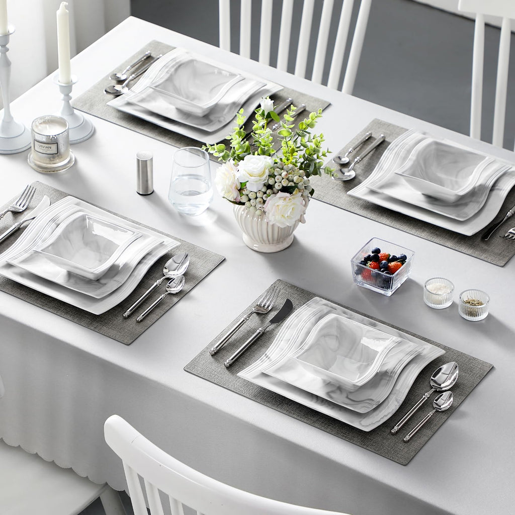 Plates and Bowls Set, 12-Piece Modern Porcelain Dinnerware for 4, Marble Square Ceramic Dish Set, Microwave and