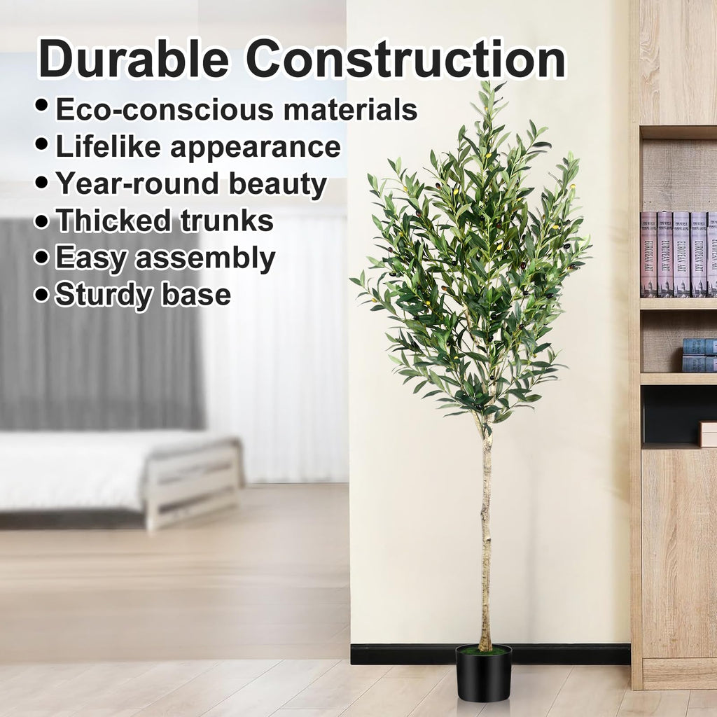6FT Olive Tree Artificial Indoor - Tall Faux Olive Tree with Wood Trunk and Lifelike Fruits - Fake Plants in Pot